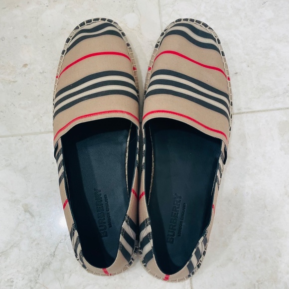 BURBERRY {43/9.5} Espadrilles Canvas Striped Neutrals Tan Black Red White - Picture 6 of 11